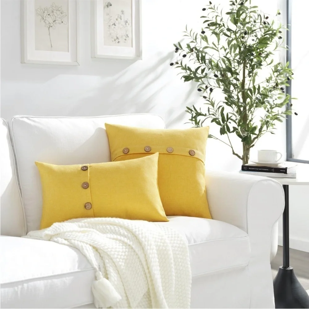 Farmhouse Mid Century Modern Bohemian Decorative Yellow Linen Pillow Case Cover